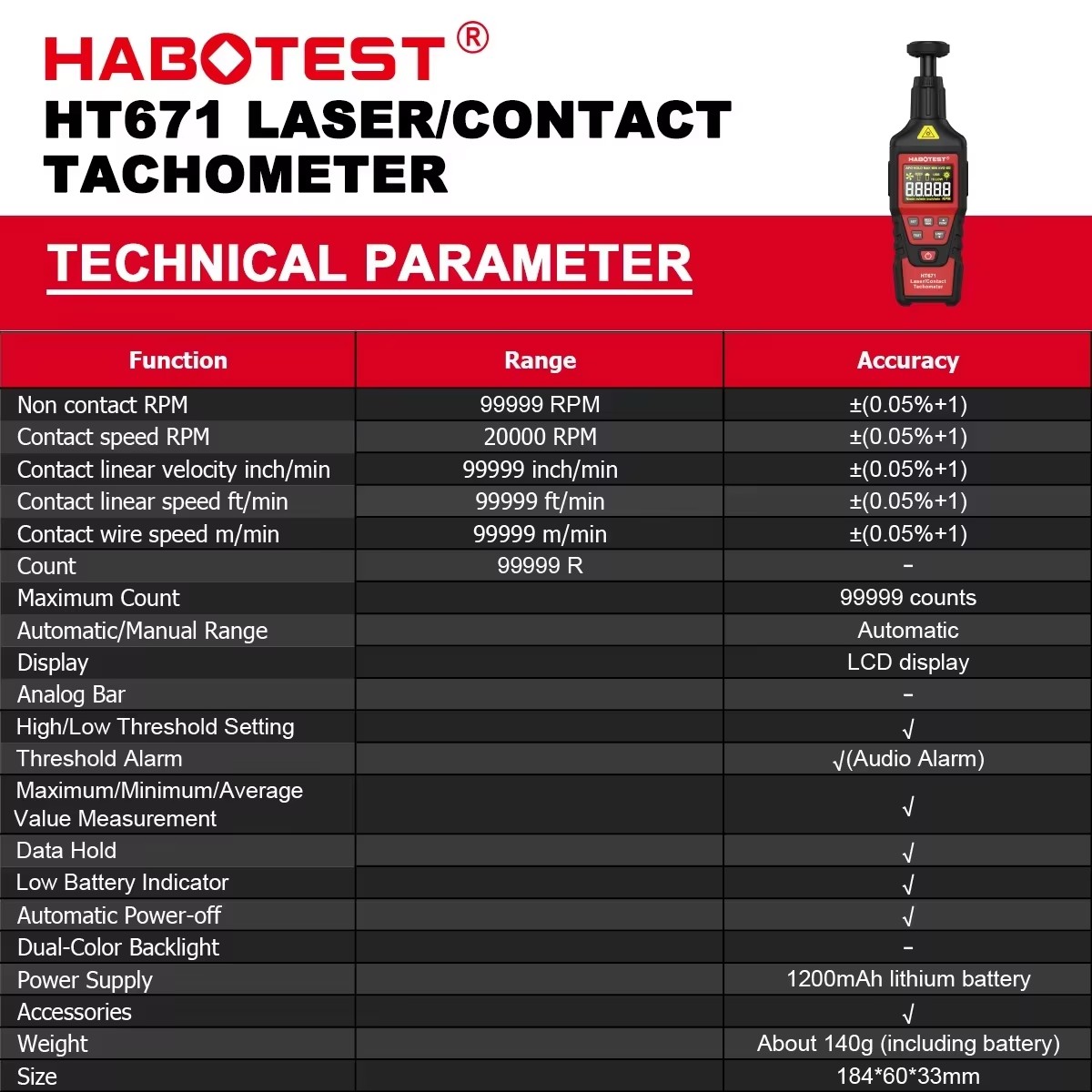 Industrial Laser Tachometer - HABOTEST HT671 2-in-1 Digital Tachometer Contact